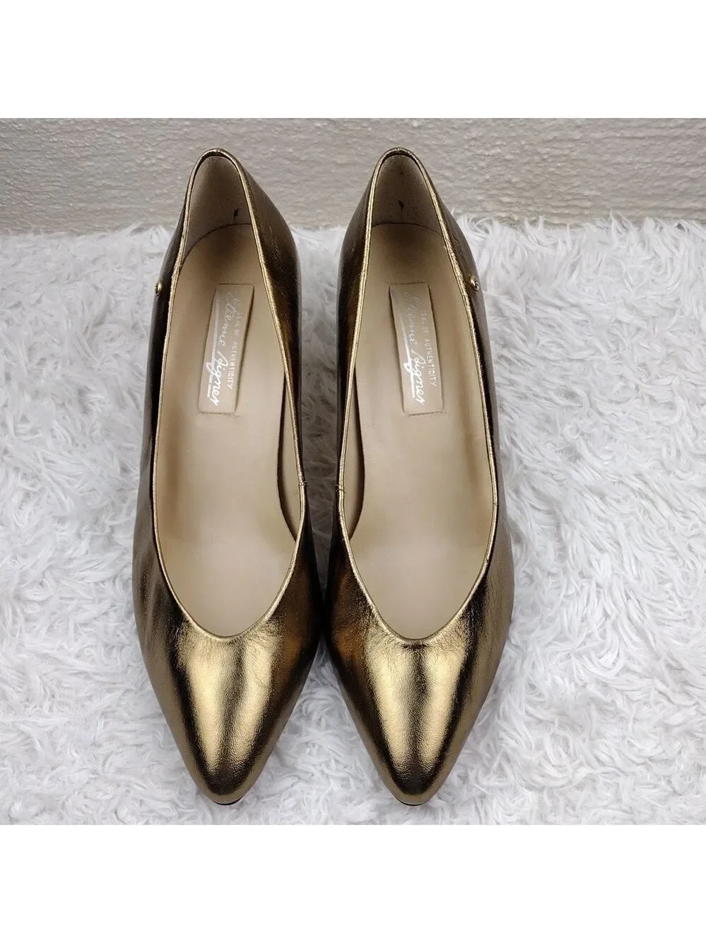 Etienne Aigner Gail Gold Leather  Pointed-Toe Skinny Heel Slip On Pump Shoe